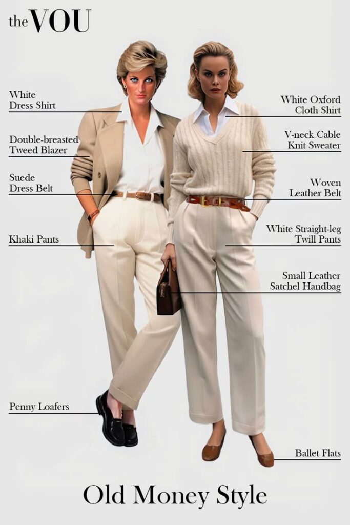 Old Money fashion inspiration – woman in white blouse and pleated skirt standing in front of a stately mansion.