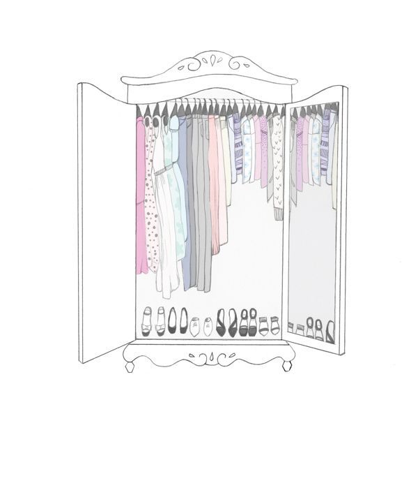 Illustrated wardrobe with neatly arranged capsule clothing and shoes in soft neutral tones