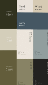 Neutral color palette with swatches named Moss, Sand, Wood, Navy, Oat, White Chocolate, Morning Blue, Olive, Shadow, and Raisin Black