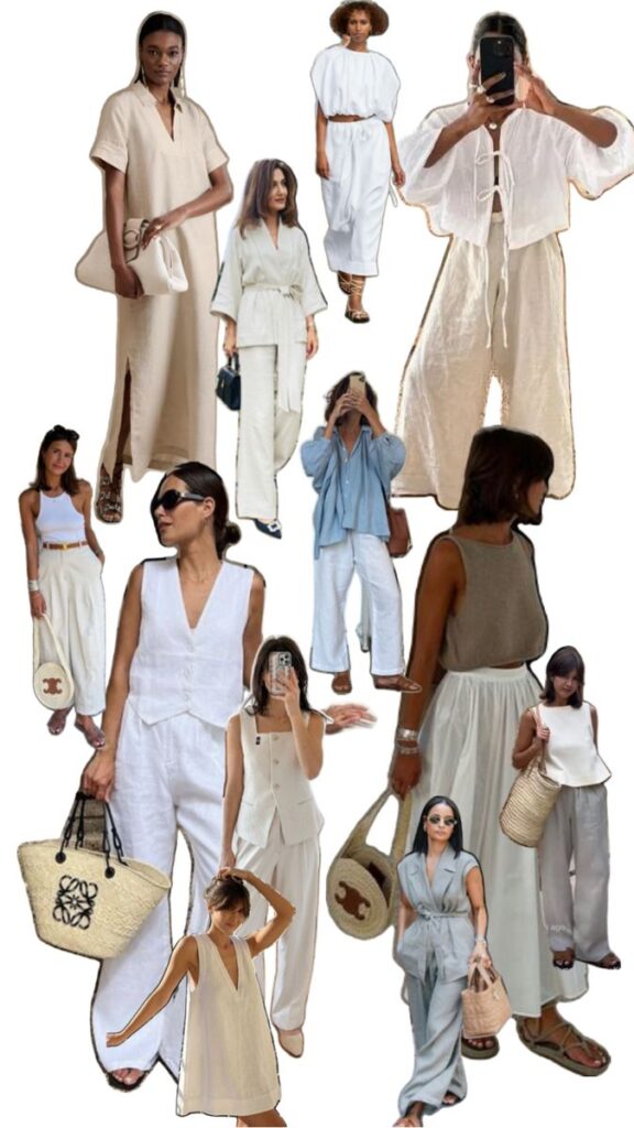 Women wearing elegant and minimalist summer clothes, including white button-up shirts, linen trousers, shirt dresses, and soft neutral-toned outfits.